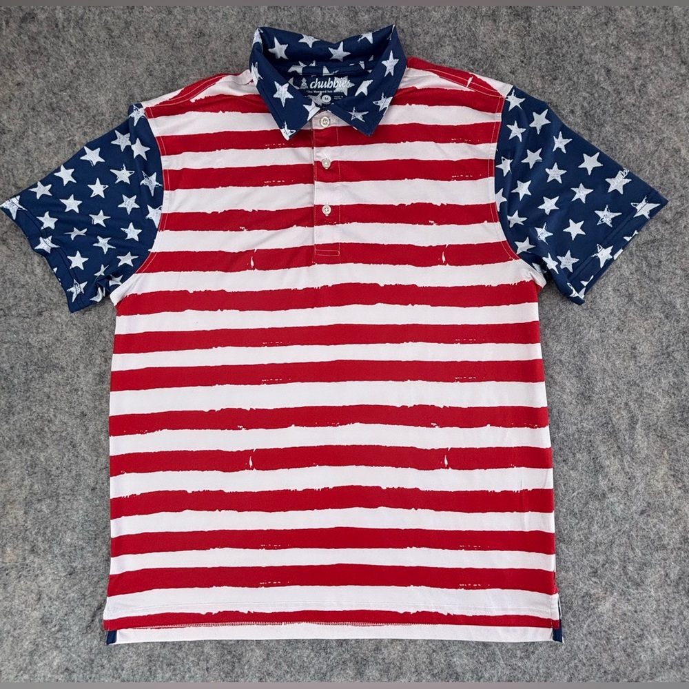 Chubbies | The 1776 | Performance Polo |‎ Broad Stripes Bright Stars | Men’s Med